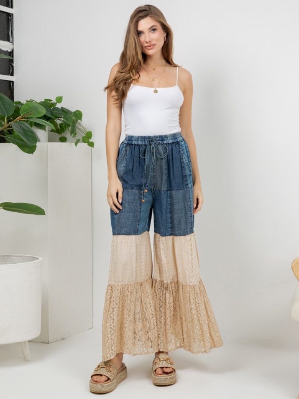 SM238 | Patchwork Denim & Lace Wide Leg Pants